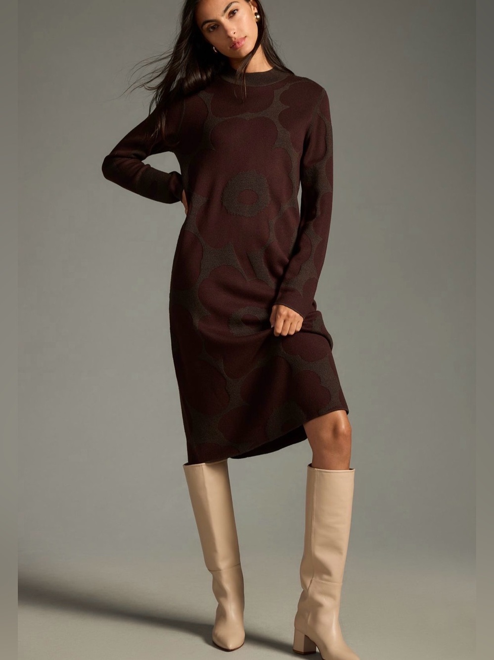 Marimekko Karmiini Unikko Mock Neck Sweater Midi Dress Floral Wool Blend Small